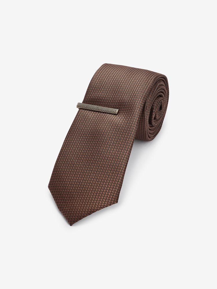 Brown Slim Textured Tie And Clip Set - Image 1 of 3