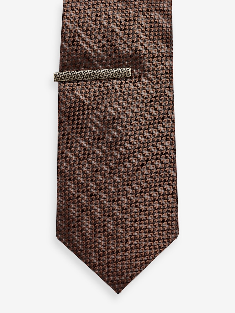 Brown Slim Textured Tie And Clip Set - Image 2 of 3