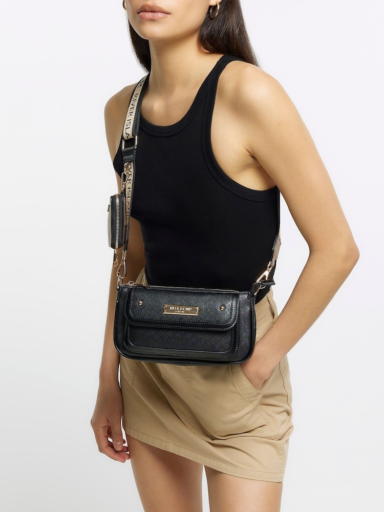 River Island Black Monogram Pocket Pouchette Bag - Image 1 of 6 River Island Black Monogram Pocket Pouchette Bag - Image 1 of 6