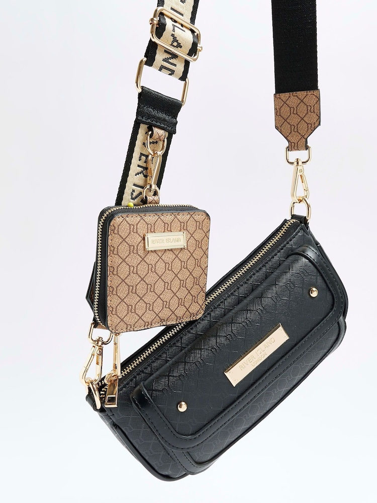 River Island Black Monogram Pocket Pouchette Bag - Image 2 of 6 River Island Black Monogram Pocket Pouchette Bag - Image 2 of 6