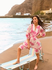 Monsoon White Tassel Embellished Medallion Print Kaftan Dress - Image 1 of 5