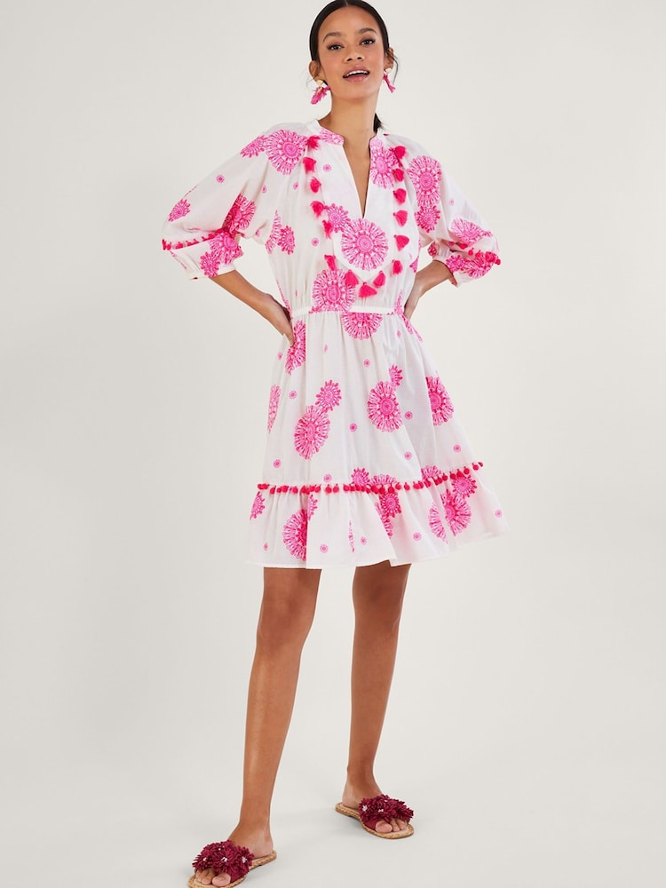 Monsoon White Tassel Embellished Medallion Print Kaftan Dress - Image 2 of 5