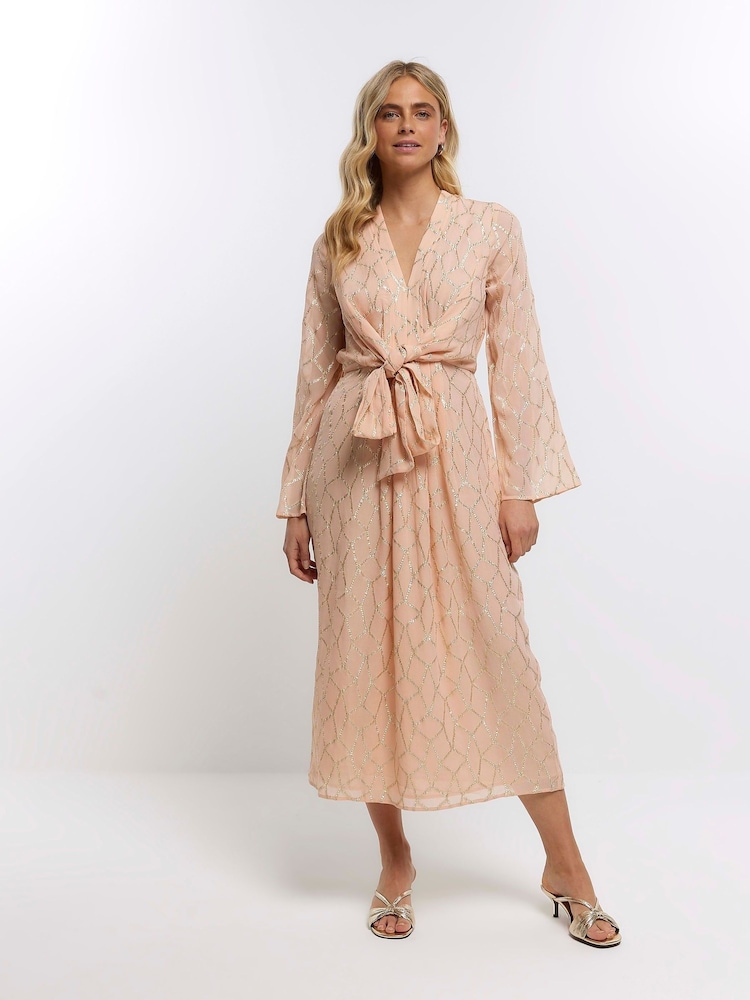 River Island Orange Tie Front Metallic Midi Dress - Image 1 of 4