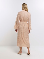 River Island Orange Tie Front Metallic Midi Dress - Image 2 of 4