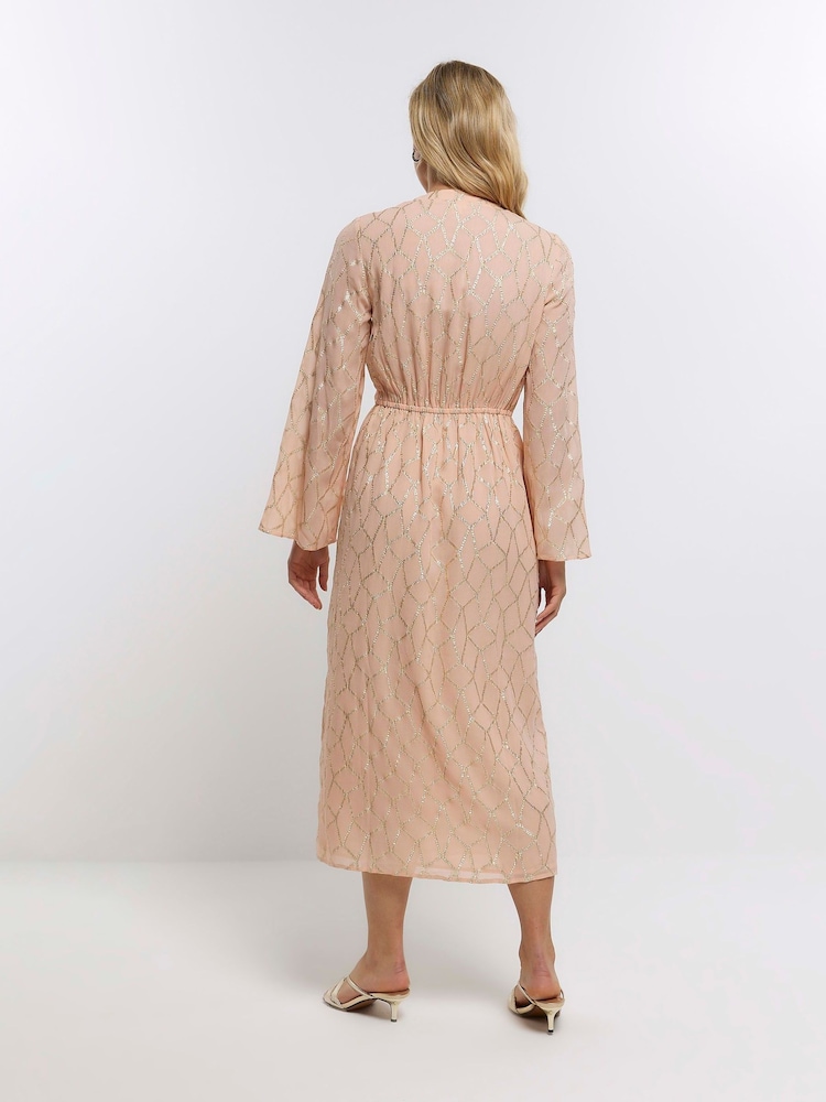 River Island Orange Tie Front Metallic Midi Dress - Image 2 of 4