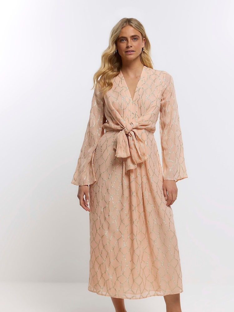 River Island Orange Tie Front Metallic Midi Dress - Image 3 of 4