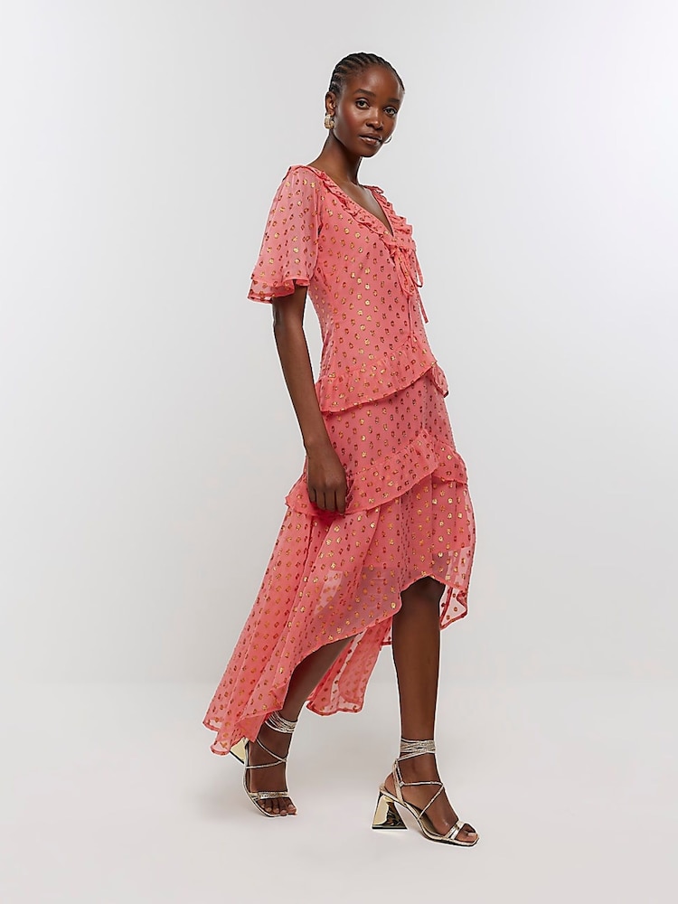 River Island Pink Metallic Spot Midi Dress - Image 1 of 6