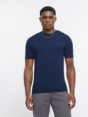 River Island Navy Blue Muscle Fit 100% Cotton T-Shirt - Image 1 of 3