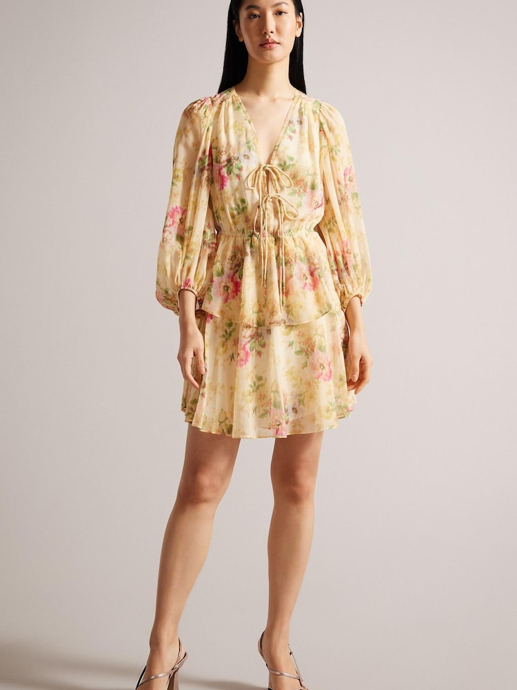Ted Baker Tamziiy V-Neck Ggt Printed Tie Front Mini Brown Dress - Image 1 of 5