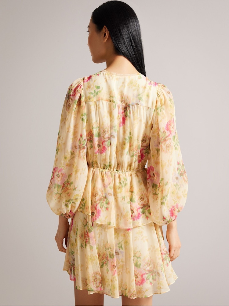 Ted Baker Tamziiy V-Neck Ggt Printed Tie Front Mini Brown Dress - Image 2 of 5