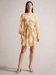 Ted Baker Tamziiy V-Neck Ggt Printed Tie Front Mini Brown Dress - Image 4 of 5