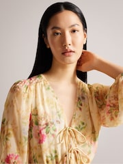 Ted Baker Tamziiy V-Neck Ggt Printed Tie Front Mini Brown Dress - Image 5 of 5