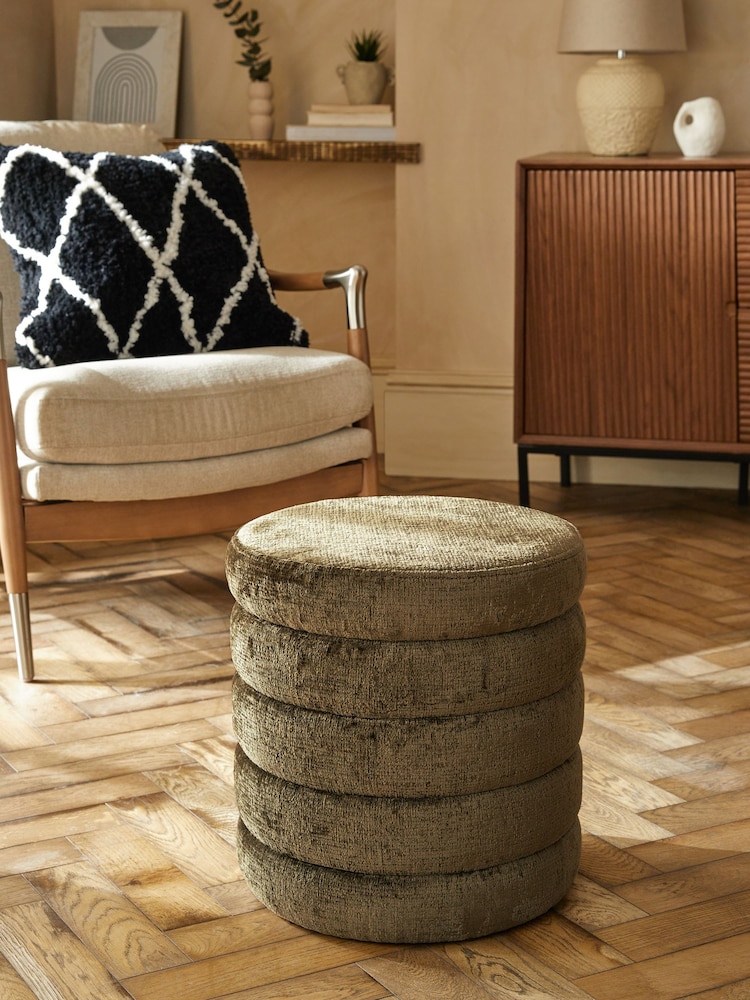 Plush Chenille Moss Green Ribbed Storage Stool - Image 1 of 7