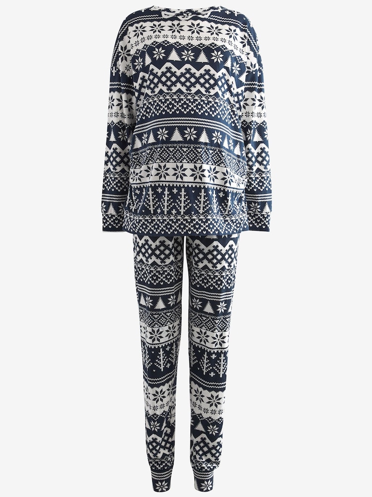 Navy Blue Fairisle Pattern Matching Family Womens Maternity Christmas Cotton Pyjamas - Image 1 of 4