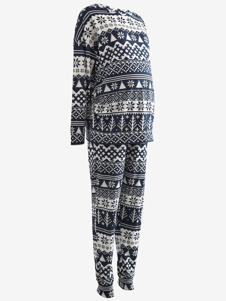 Navy Blue Fairisle Pattern Matching Family Womens Maternity Christmas Cotton Pyjamas - Image 2 of 4