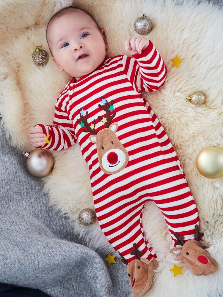 JoJo Maman Bébé Red Personalised Reindeer Appliqué Sleepsuit - Image 1 of 6