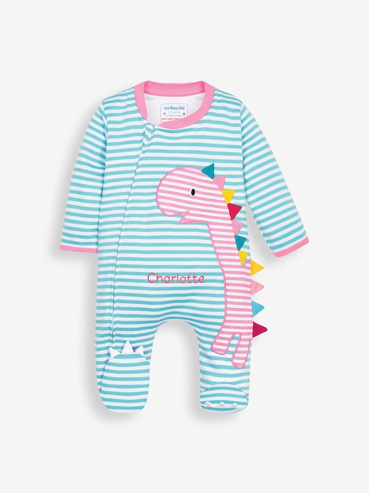 JoJo Maman Bébé Pink Dinosaur Personalised Appliqué Cotton Zip Baby Sleepsuit - Image 2 of 5