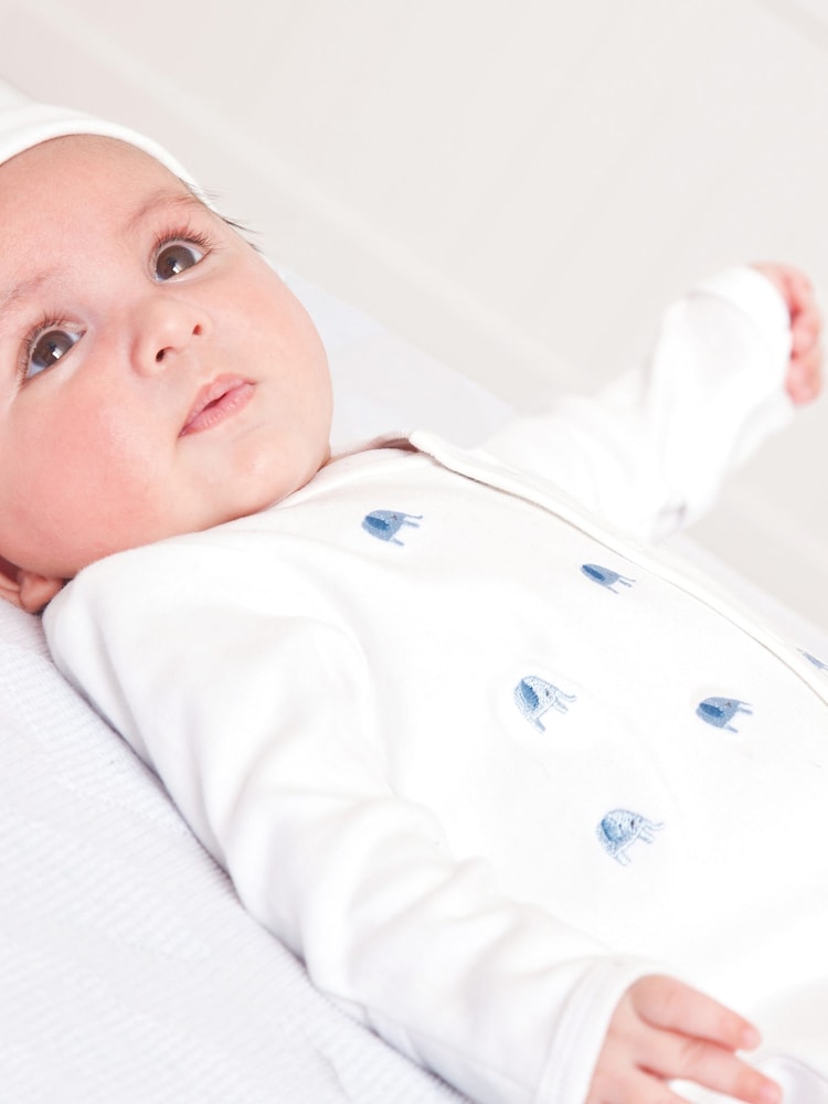 JoJo Maman Bébé Blue Elephant Personalised Embroidered Cotton Baby Sleepsuit - Image 3 of 3