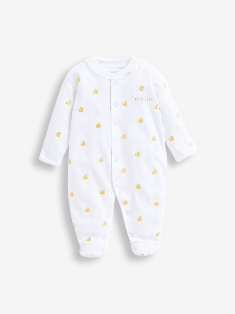 JoJo Maman Bébé Yellow Duck Personalised Embroidered Cotton Baby Sleepsuit - Image 1 of 4