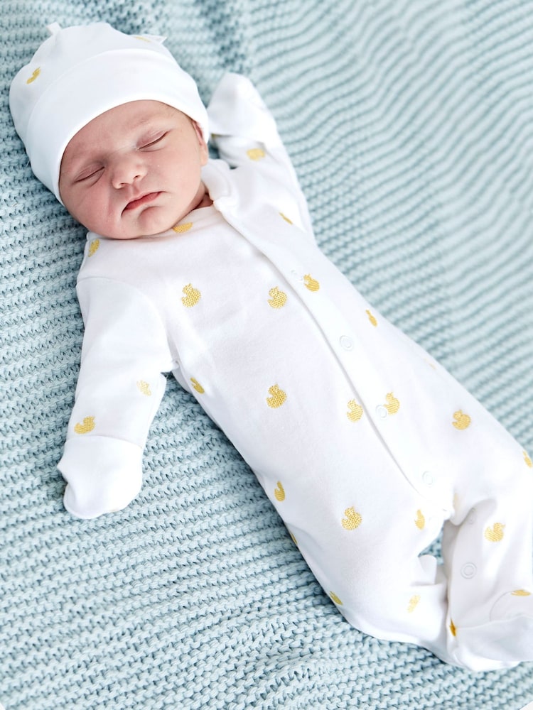 JoJo Maman Bébé Yellow Duck Personalised Embroidered Cotton Baby Sleepsuit - Image 2 of 4