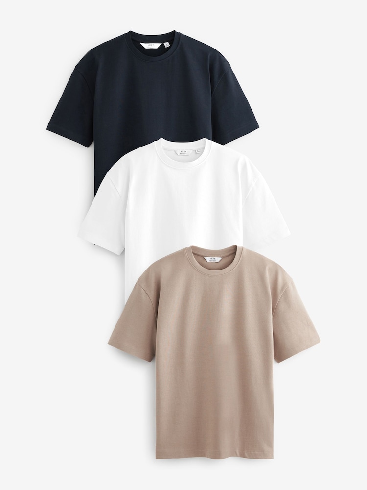 Blanc/bleu marine/pierre naturelle - Coupe ample - Lot de 3 t-shirts épais - Image 1 de 10