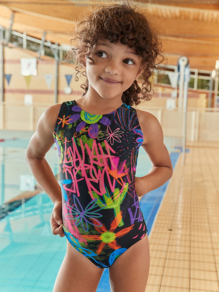Black Graffiti Floral Sports Swimsuit (3-16yrs) - Image 1 of 6