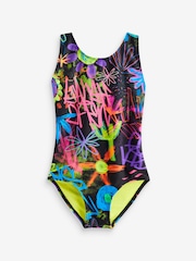 Black Graffiti Floral Sports Swimsuit (3-16yrs) - Image 4 of 6