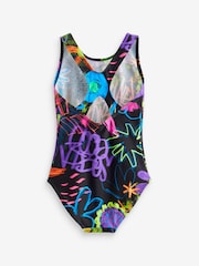 Black Graffiti Floral Sports Swimsuit (3-16yrs) - Image 5 of 6