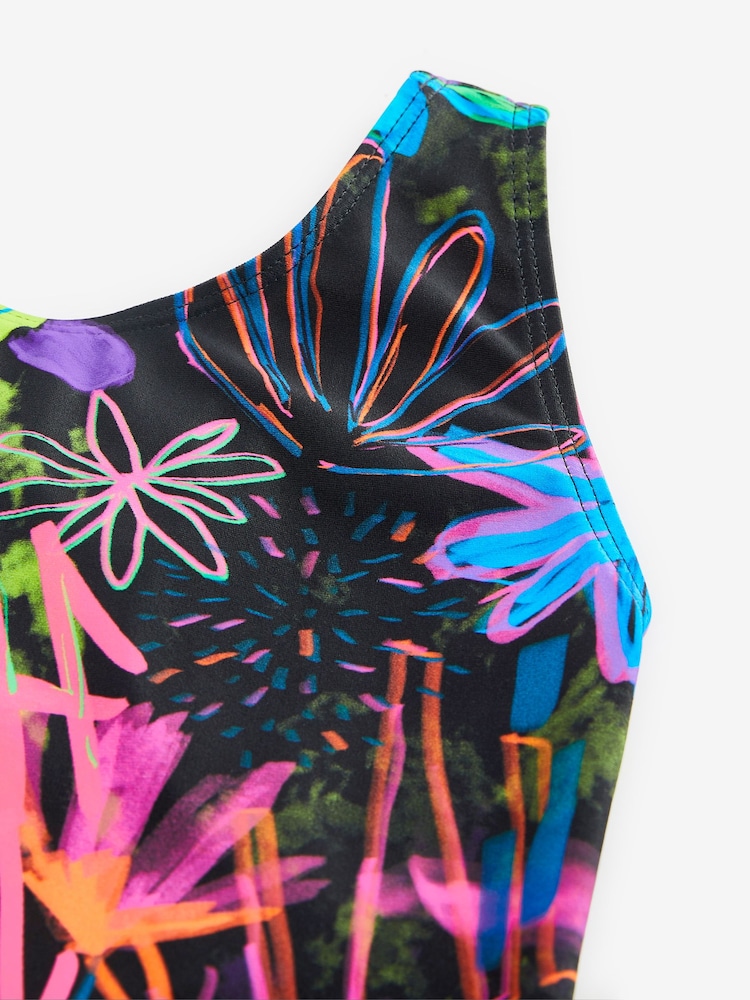 Black Graffiti Floral Sports Swimsuit (3-16yrs) - Image 6 of 6