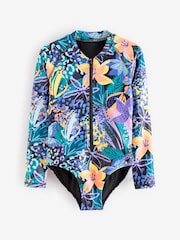 Black/Purple Tropical Long Sleeved Swimsuit (3-16yrs) - Image 2 of 4