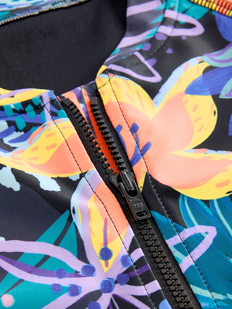 Black/Purple Tropical Long Sleeved Swimsuit (3-16yrs) - Image 4 of 4