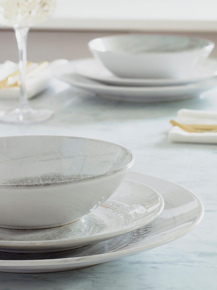 Wilko White Dinner Set Blue Reactive Glaze 12 Piece Dinner Set