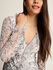 White Snake Print Long Sleeve Ruffle Front Mesh Top - Image 4 of 6
