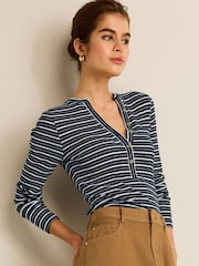 Ecru White/Navy Blue Ribbed Button Detail Long Sleeve Henley Top - Image 1 of 6