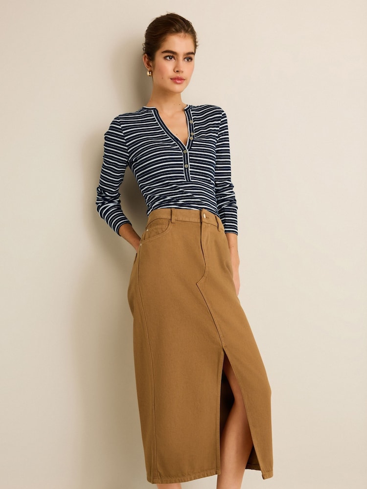 Ecru White/Navy Blue Ribbed Button Detail Long Sleeve Henley Top - Image 2 of 6