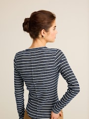 Ecru White/Navy Blue Ribbed Button Detail Long Sleeve Henley Top - Image 3 of 6
