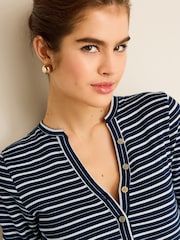 Ecru White/Navy Blue Ribbed Button Detail Long Sleeve Henley Top - Image 4 of 6