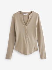 Taupe Brown Ribbed Button Detail Long Sleeve Henley Top - Image 5 of 6