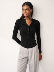 Black Ribbed Button Detail Long Sleeve Henley Top - Image 1 of 6