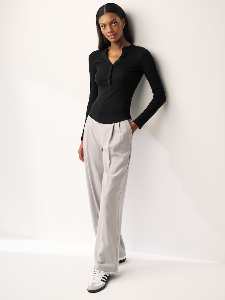 Black Ribbed Button Detail Long Sleeve Henley Top - Image 2 of 6