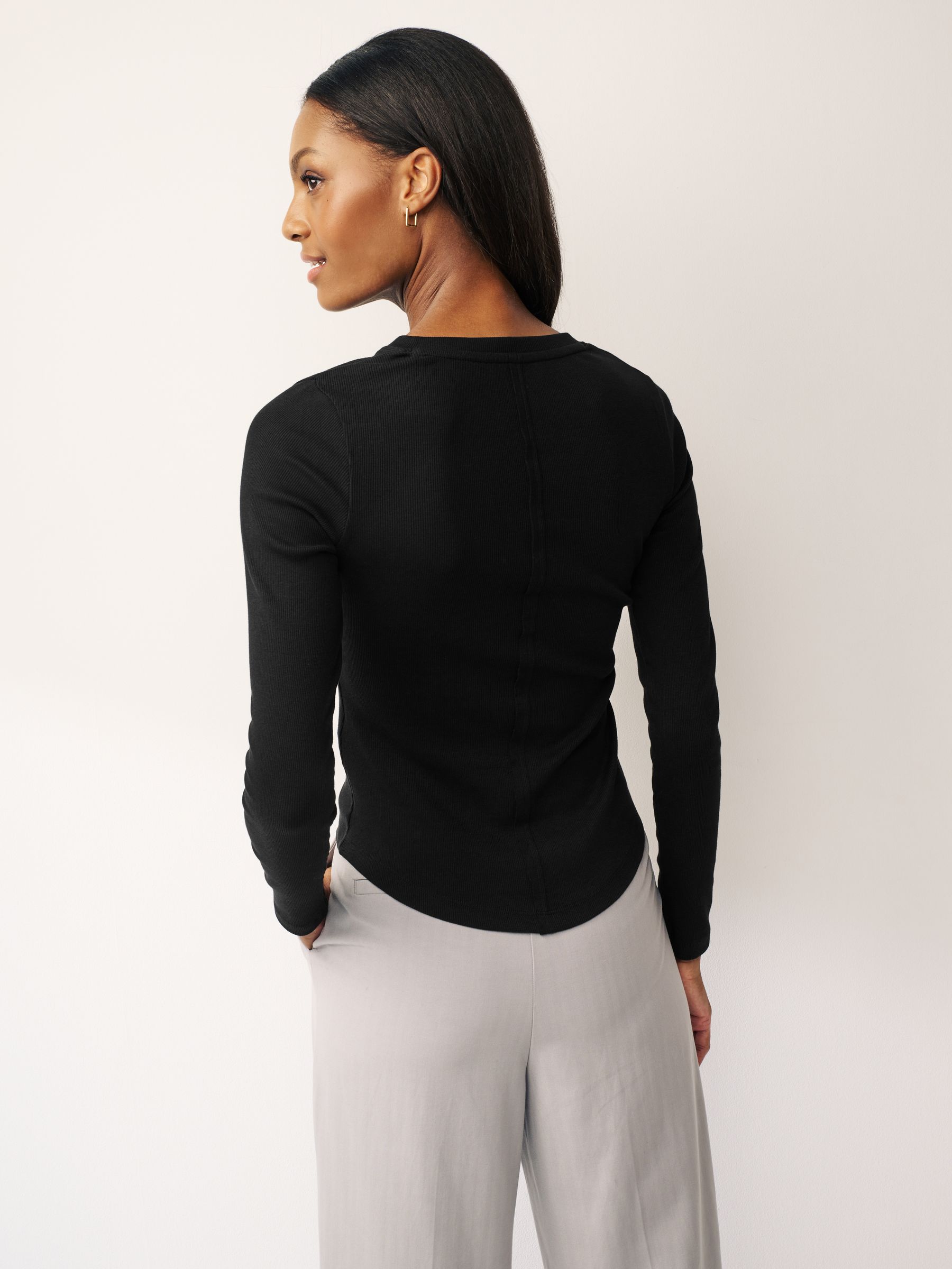 Buy Black Ribbed Button Detail Long Sleeve Henley Top from
