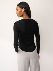 Black Ribbed Button Detail Long Sleeve Henley Top - Image 3 of 6
