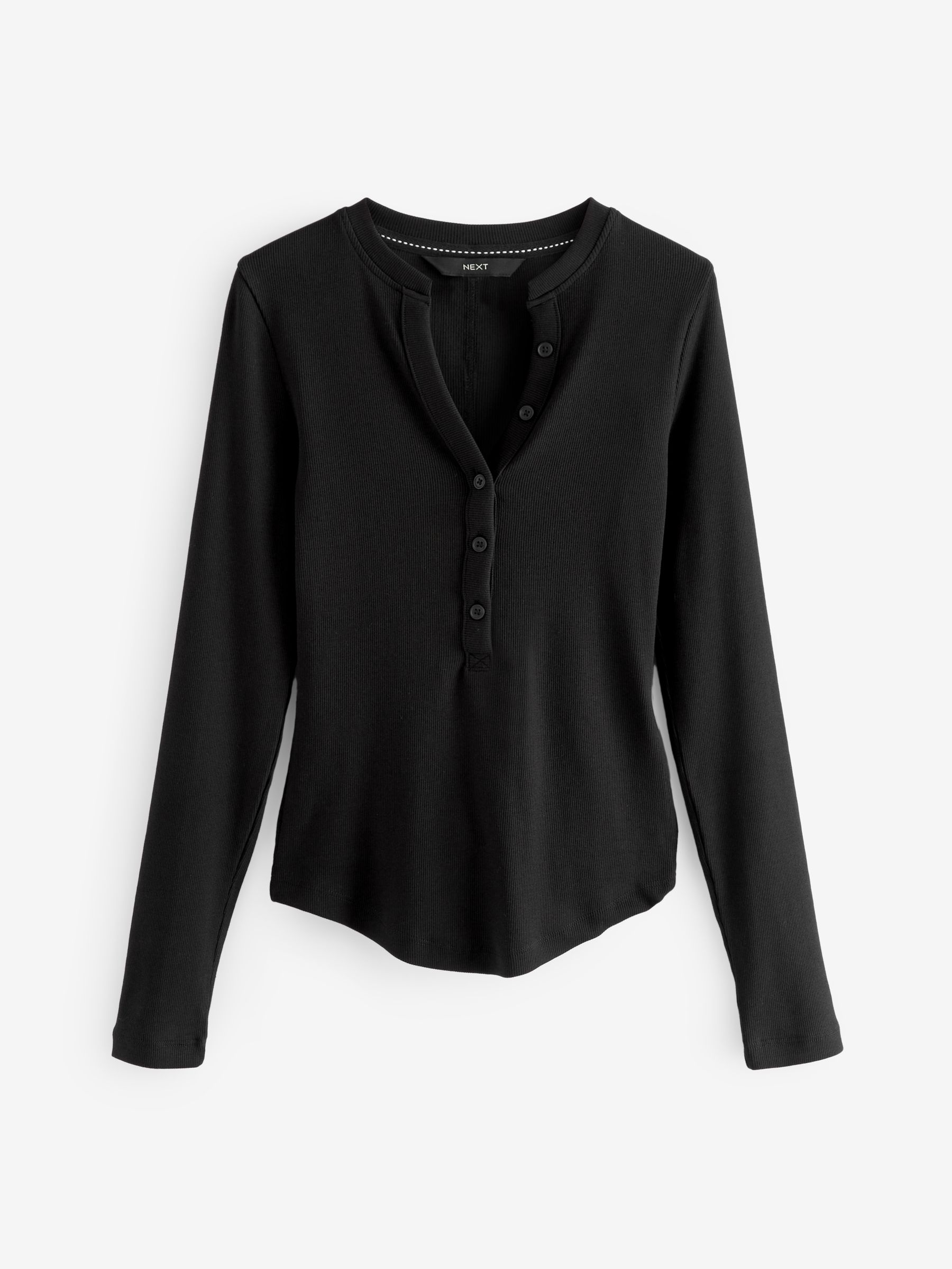 Buy Black Ribbed Button Detail Long Sleeve Henley Top from