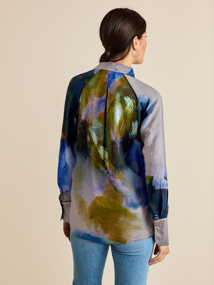 Blue Smudge Blur Print Button Through Shirt With Hardwear Buttons - Image 2 of 5