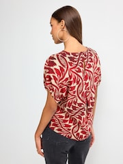 Red/Ecru Leaf Print Gathered Short Sleeve Textured Boxy T-Shirt - Image 3 of 6