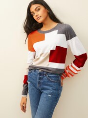 Grey/Orange Colourblock Round Neck Jumper - Image 1 of 6