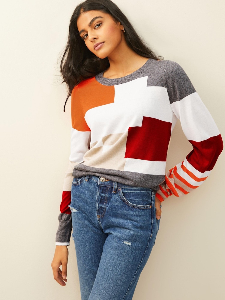 Grey/Orange Colourblock Round Neck Jumper - Image 1 of 6 Grey/Orange Colourblock Round Neck Jumper - Image 1 of 6