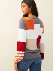 Grey/Orange Colourblock Round Neck Jumper - Image 2 of 6