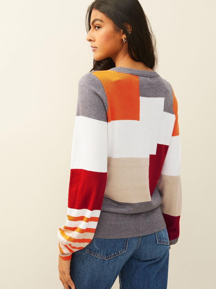 Grey/Orange Colourblock Round Neck Jumper - Image 2 of 6