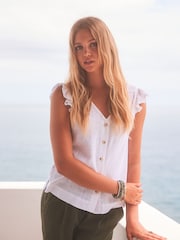 White Linen Blend Ruffle Sleeve Top - Image 1 of 7